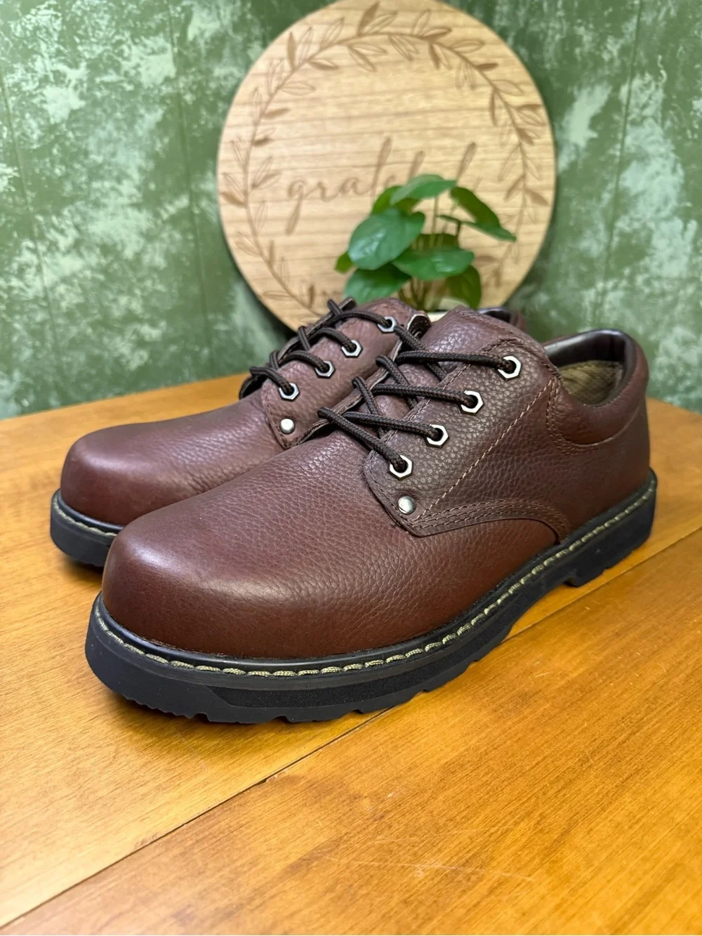 Dr. Scholl's Harrington Mens Slip Resistant Brown Leather Oxford Work Shoes